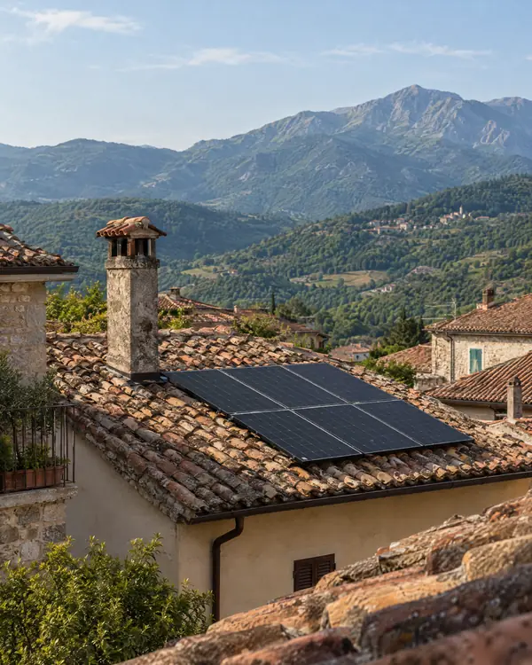 Tetto in coppi con pannelli fotovoltaici in un borgo, montagne sullo sfondo