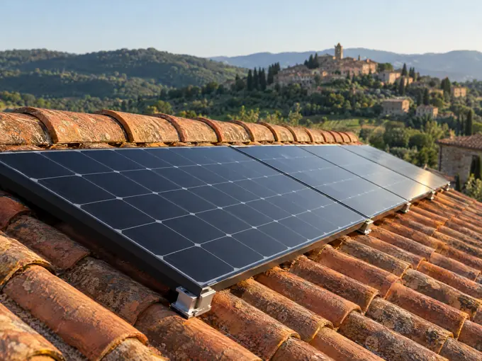 Pannelli fotovoltaici su un tetto in coppi, borgo e colline sullo sfondo