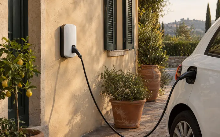 Auto elettrica in carica da una wallbox sul muro di casa
